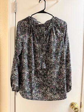 LOFT Black Floral Tie-Neck Boho Style Long Sleeve Blouse